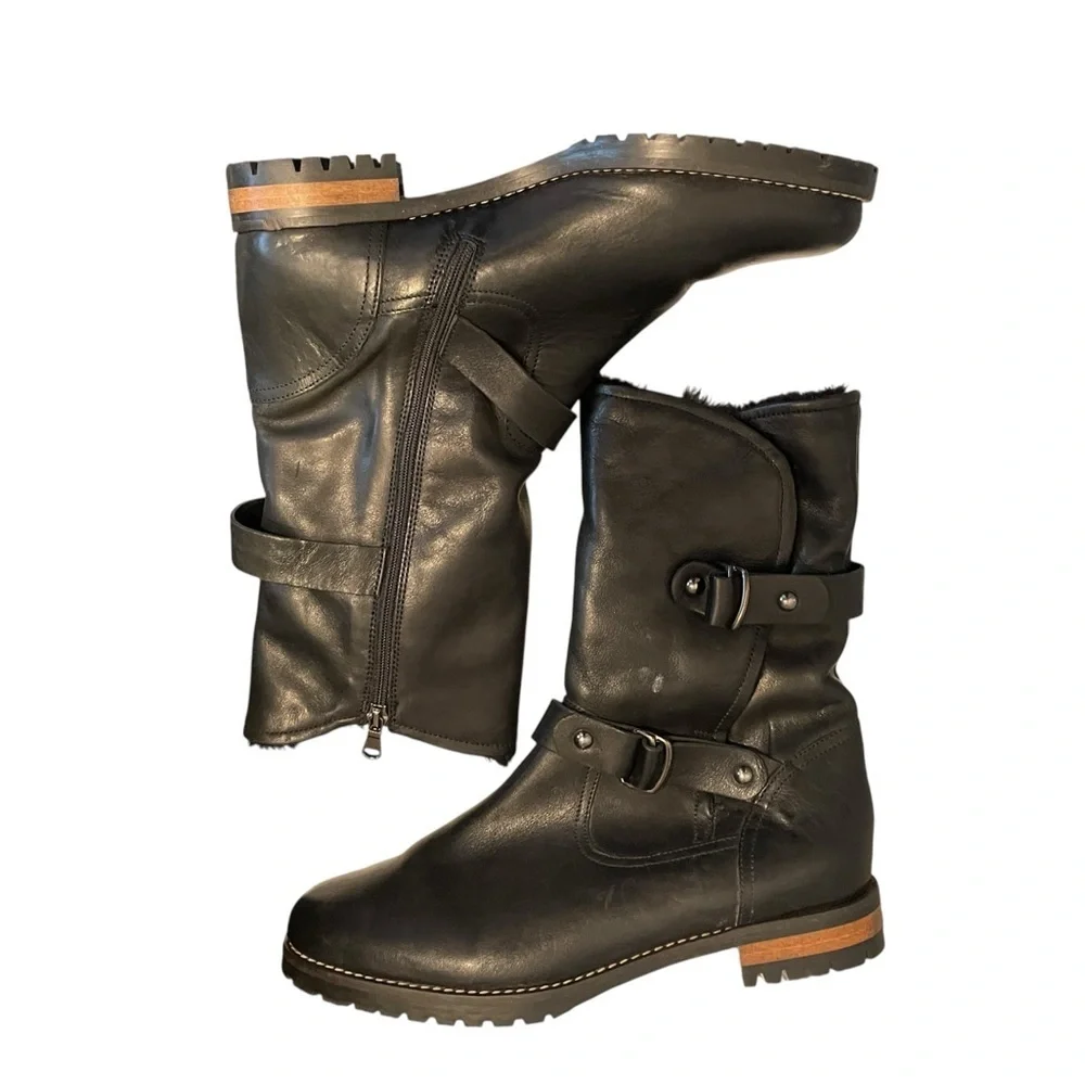 New Fabianelli Ladies Italian Leather Mid Calf Boots Belt Buckles, Moto, size 10 - Picture 2 of 6